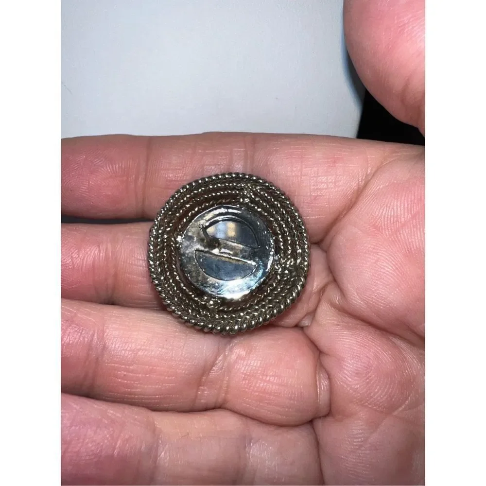 Vintage Silver Tone Rope Cabochon Chunky Stud Earrings